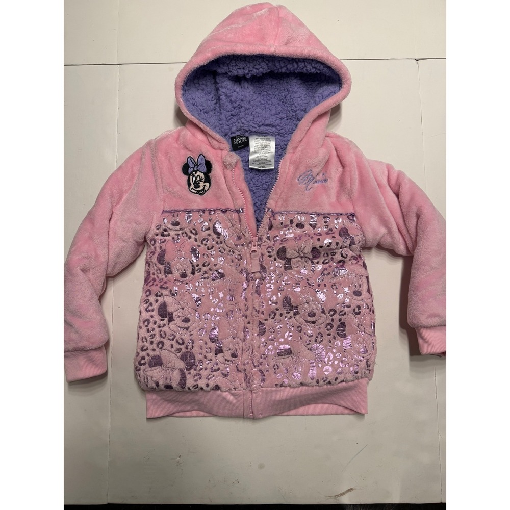 Disney Minnie Mouse Girls Pink Faux Fur Sherpa Lined Zip Hoodie Jacket Size 6